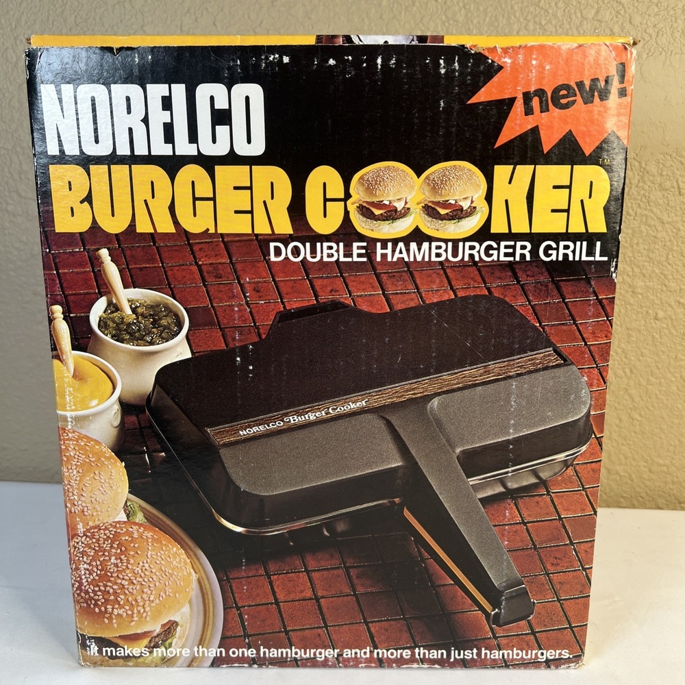 NOS Vintage Norelco Burger Cooker Double Sided Hamburger Grill/Griddle Made USA